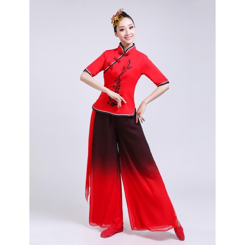 Red gradient colored women chinese folk dance costumes fan umbrella classical dance yangko performance dresses